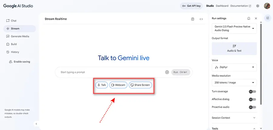 پشتیبانی زنده با اسکرین شیر در Google AI Studio